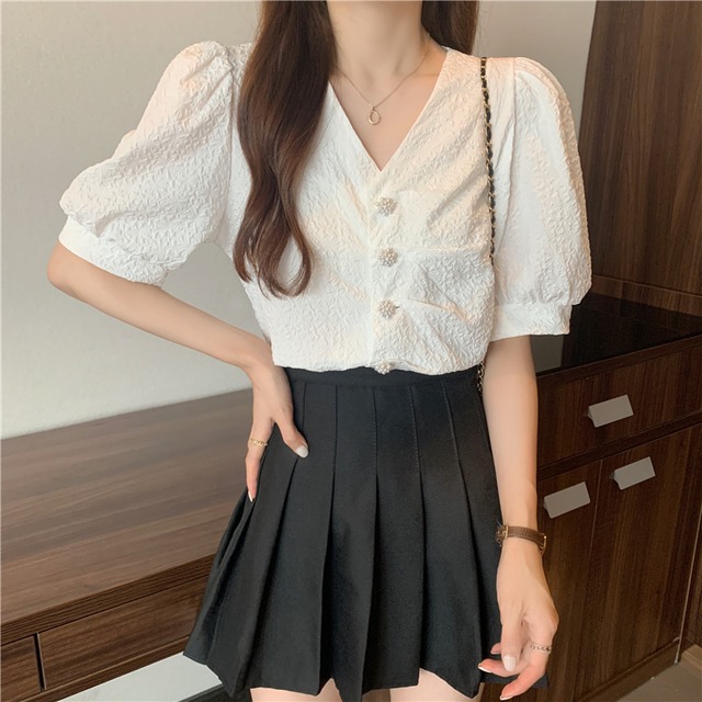 サマースリーブトップス パールボタンプリーツホワイトシャツ 夏物 真珠 YY-ファッション2524373464