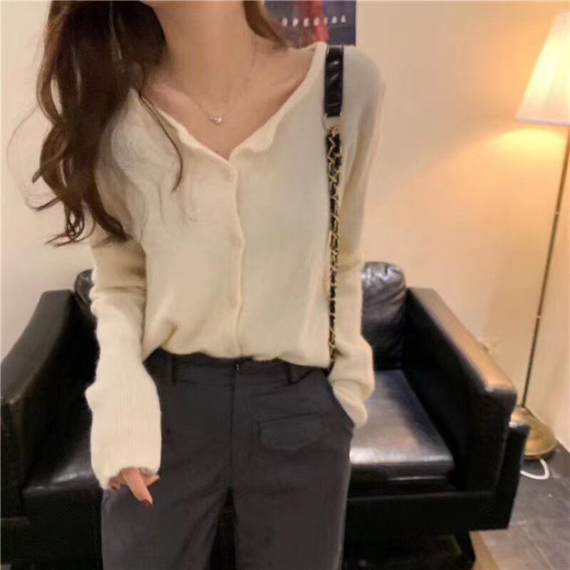 ノーカラーニットカーディガン