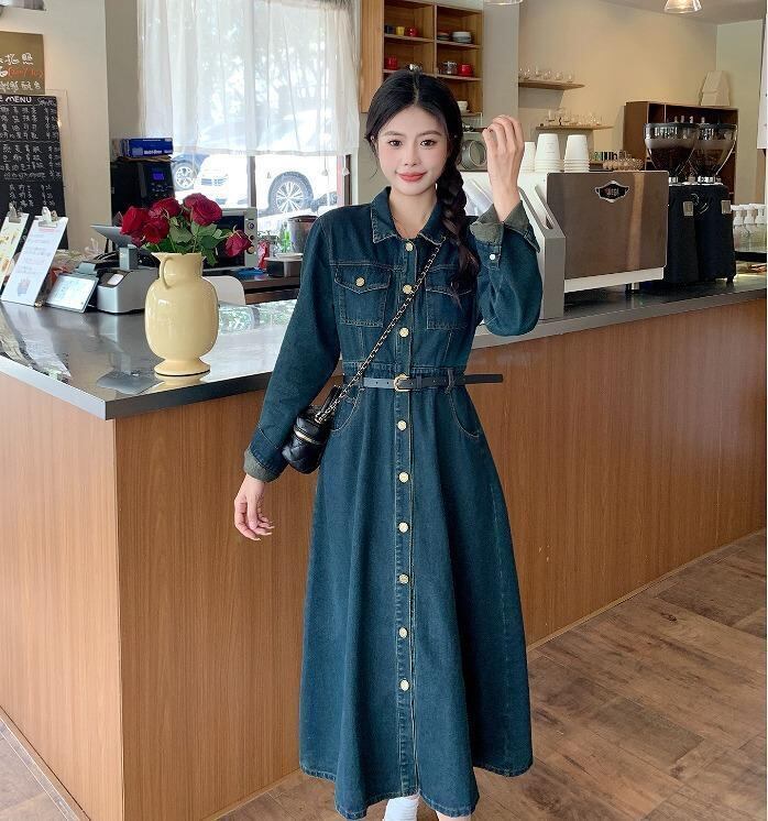 大きいサイズ レディース ロング ワンピース 青 シャツ 春 秋冬 大きいサイズ レディース ロング ワンピース 青 シャツ 春 秋冬