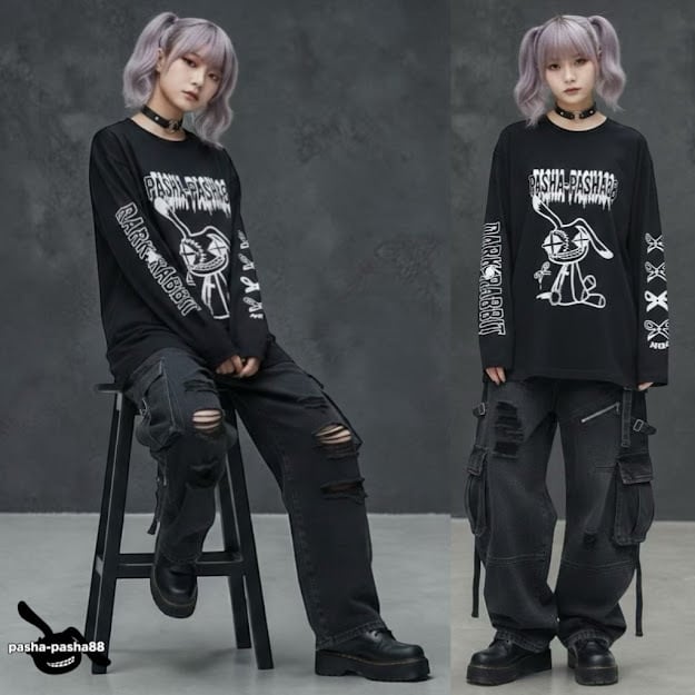 ロングTシャツ 闇 うさぎ ハサミ サブカル 地雷 病みかわいい メンズ