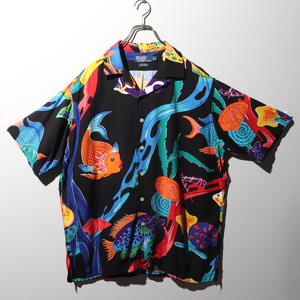 美品 L レーヨン Caldwell ポロラルフローレン 半袖開襟シャツ 熱帯魚 総柄 黒 アロハ ブラック polo ralph lauren サカナ