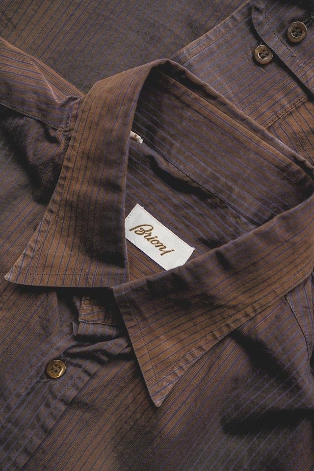 90's "Brioni" Cotton Blue-Stripe Pattern Regular Collar Shirt Made in ITALY