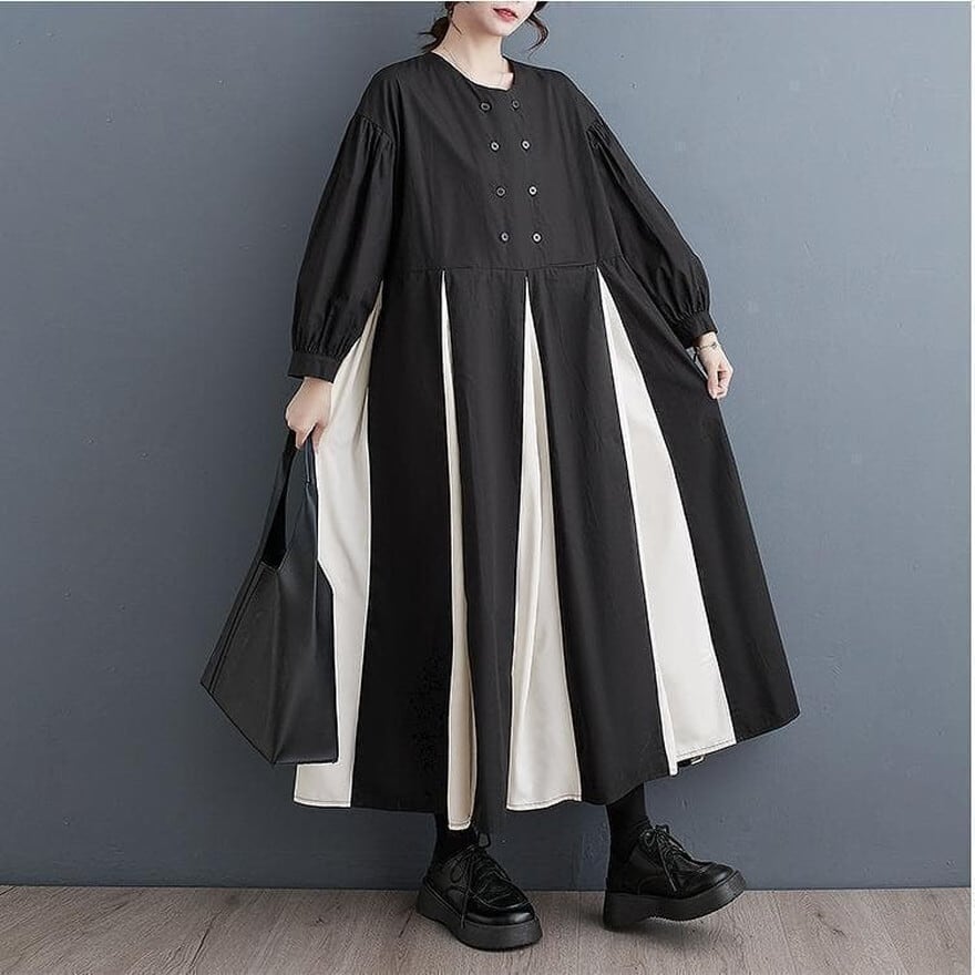 【即納】モノクローム・プリーツ・ドレス – モードを纏う Aライン ワンピース