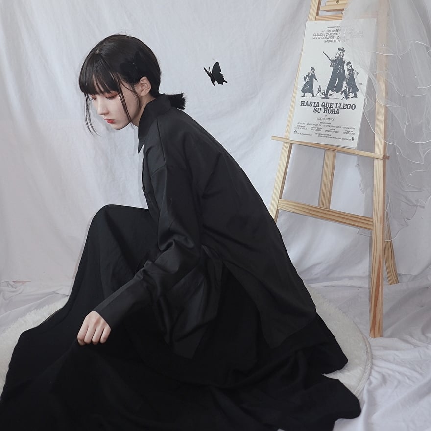 長袖 黒シャツ 山本耀司風 アシンメトリー 闇かわいい ゴシック