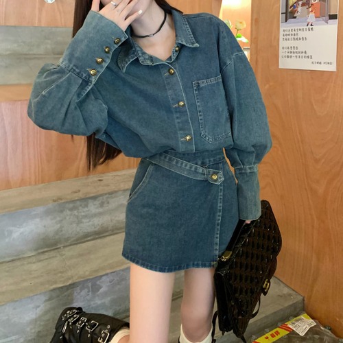 【2点セット】ロングカフスデニムシャツ＋デニムラップスカート ・74814