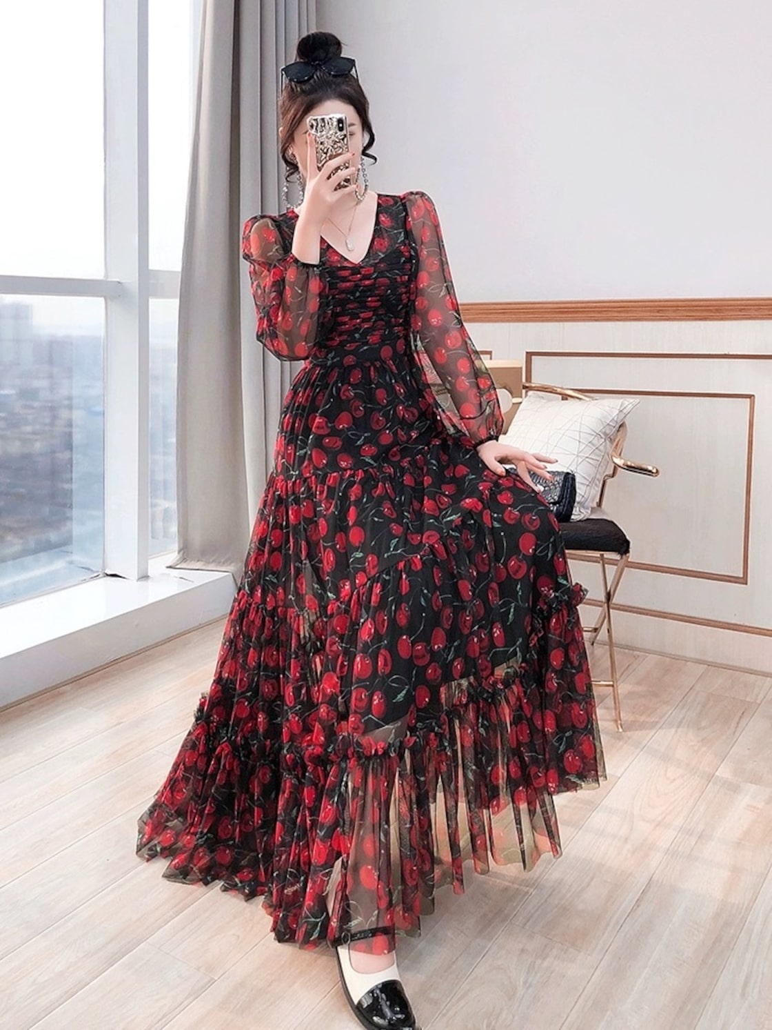 エムズグレイシー 薔薇柄ブラウス スカート 324】アナイバックサテン  