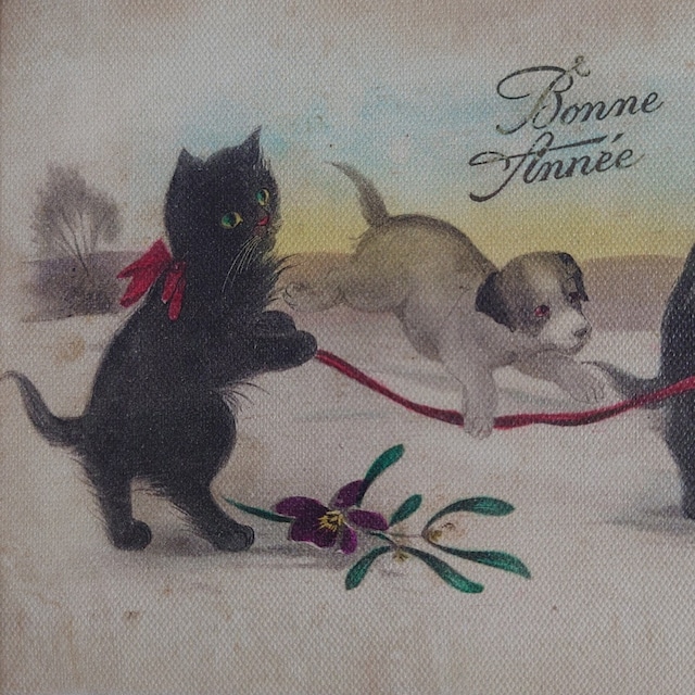 Mon LeChat 555 オリジナル猫モチーフ キャンバスアートS【 Bonne　Anne’e !! 】アンティークポストカードデザイン