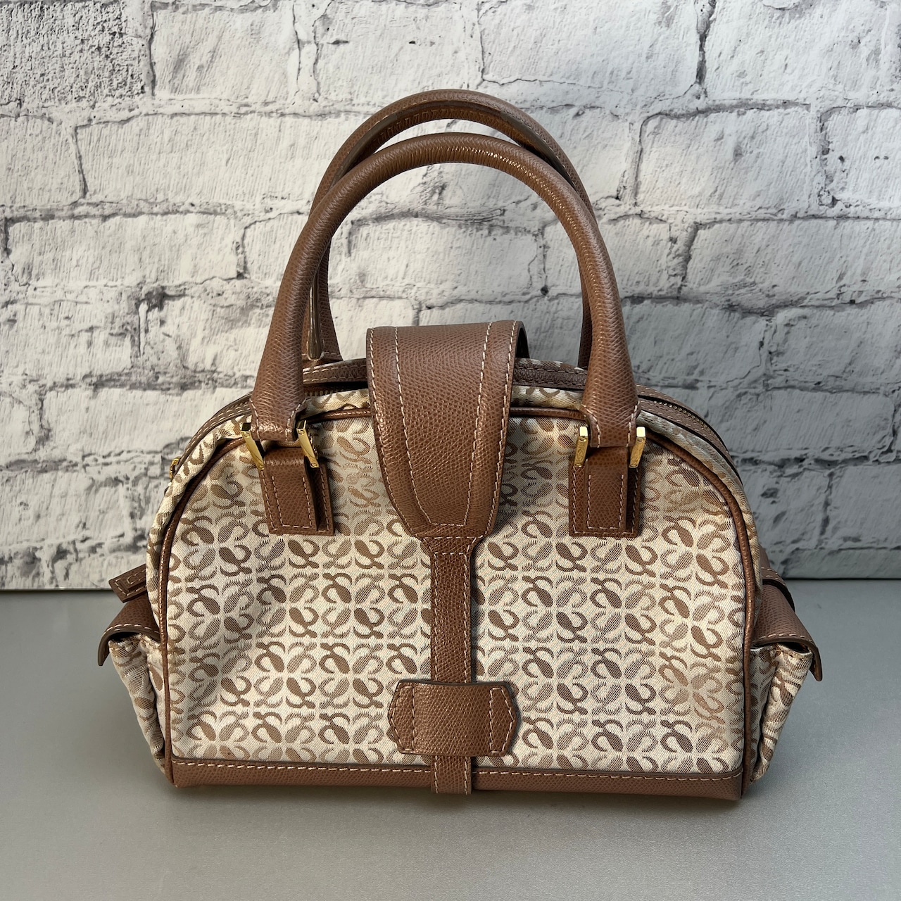 LOEWE ボーリングバッグ キャンバス×レザー ハンドバッグ ベージュ A-10192