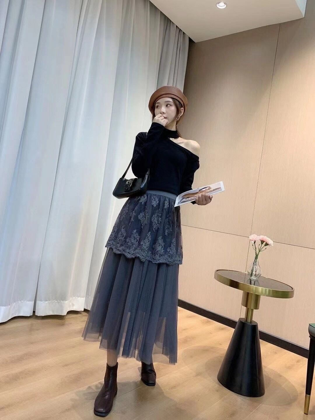 レース切り替えチュールスカート