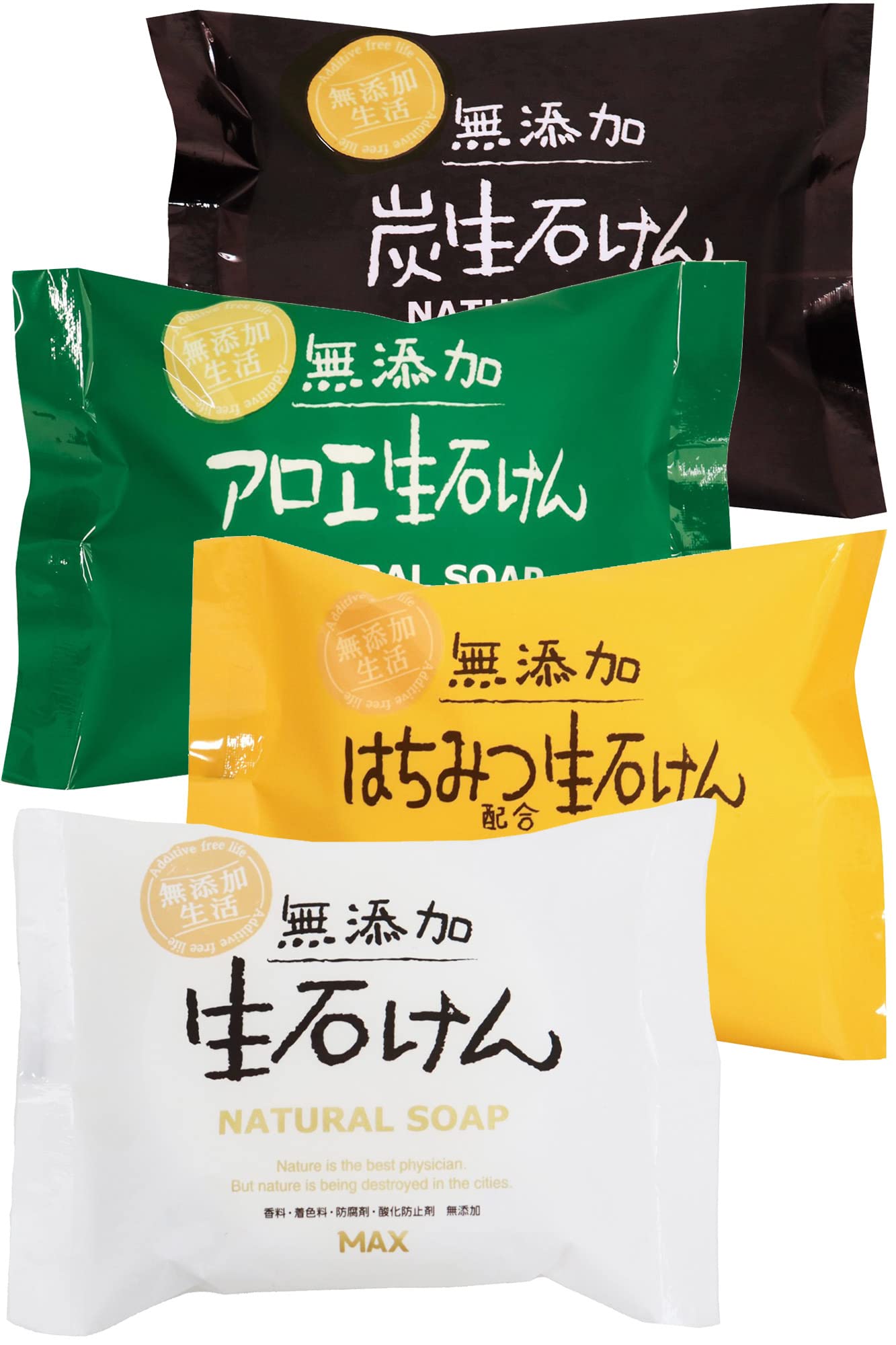 無添加生活 無添加生石けん 80g 4種類セット 固形石鹸 日本製 敏感肌 低刺激 植物性100%石鹸素地 アレルギーテスト済 ボディソープ 化粧石鹸 洗顔 はちみつ+炭+アロエ+生石けん