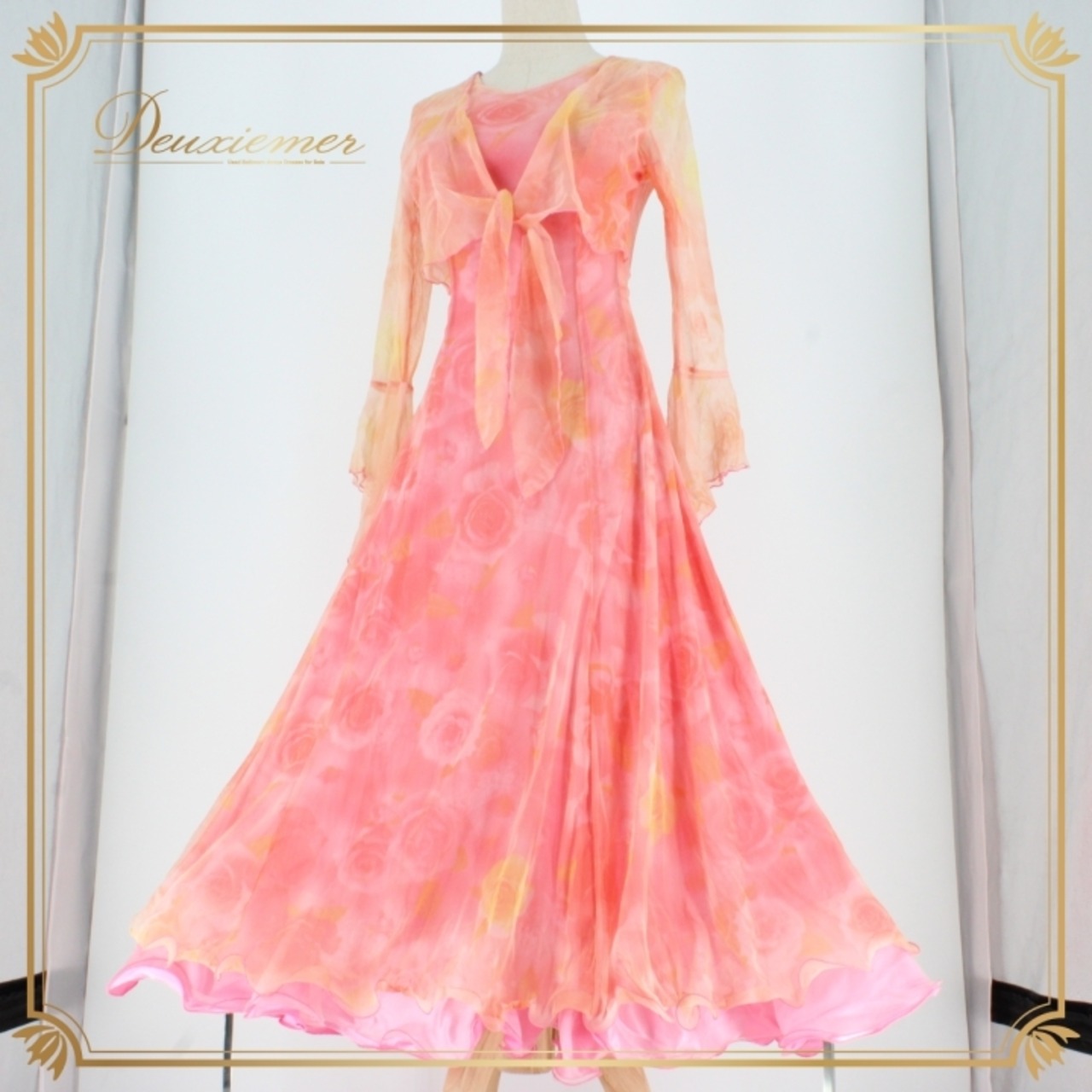 社交ダンス 衣装 スタンダード ドレス ワンピース レッスンウェア パーティドレス レディース ピンク系 オレンジ系 花柄 レース フェミニン フローラル 刺繍 エレガント ボリューム フレア サテン ストレッチ パーティーコスチューム 大人 可愛い 女性用 ダンスウェア おしゃれ 薄手 春 夏 秋