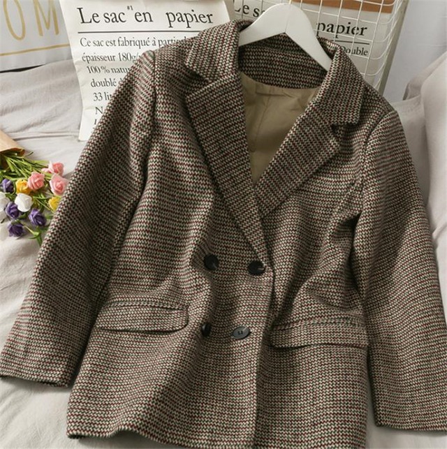 韓国ファッション 格子縞 スーツ ダブルボタン ゆったりする 薄く見える 気質