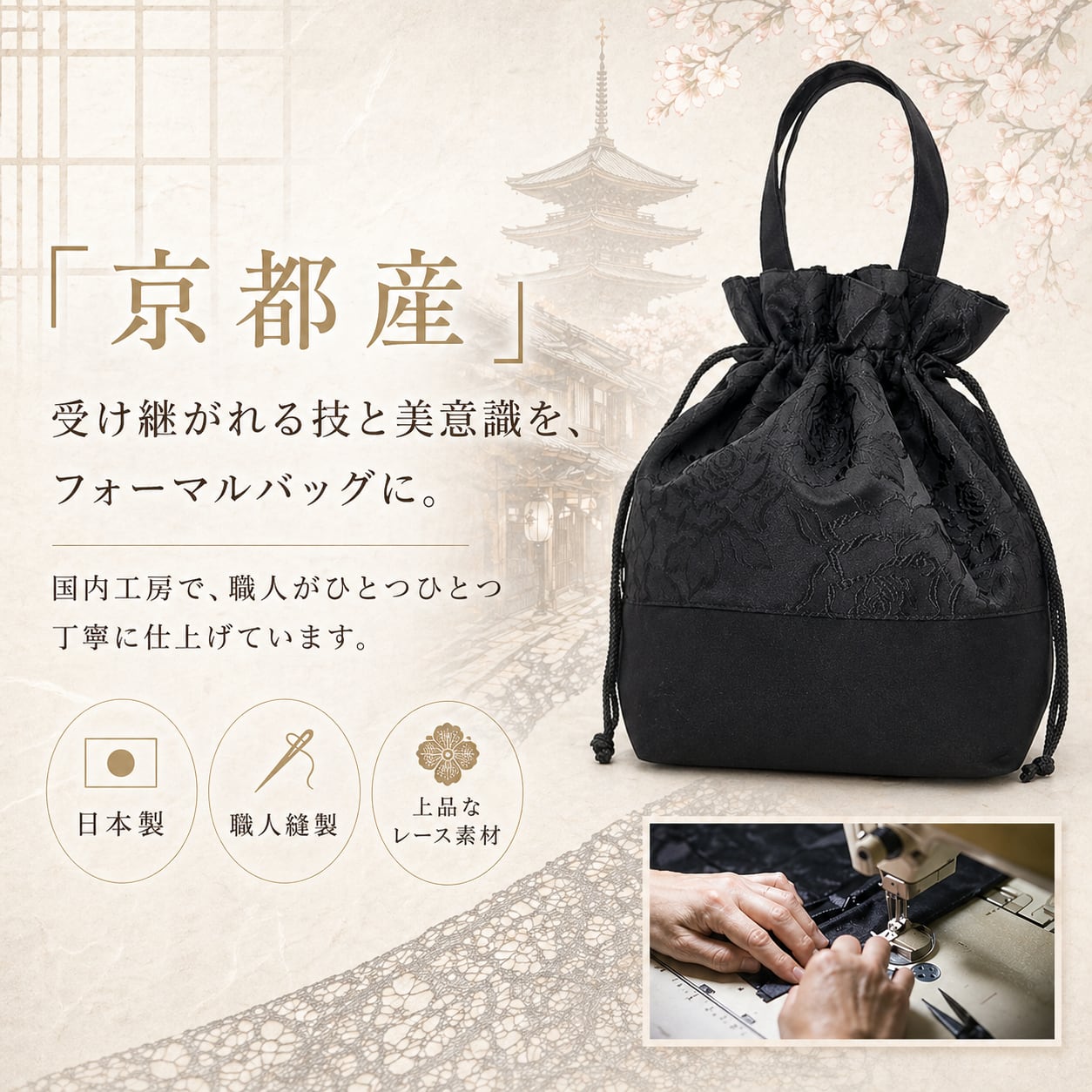 日本製／2WAY仕様】和装にも洋装にも合う上品フォーマルバッグ｜黒