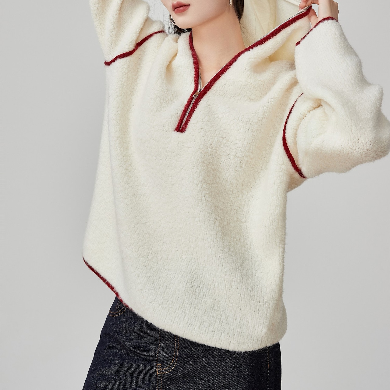 フード付きブークレニットプルオーバー H0047