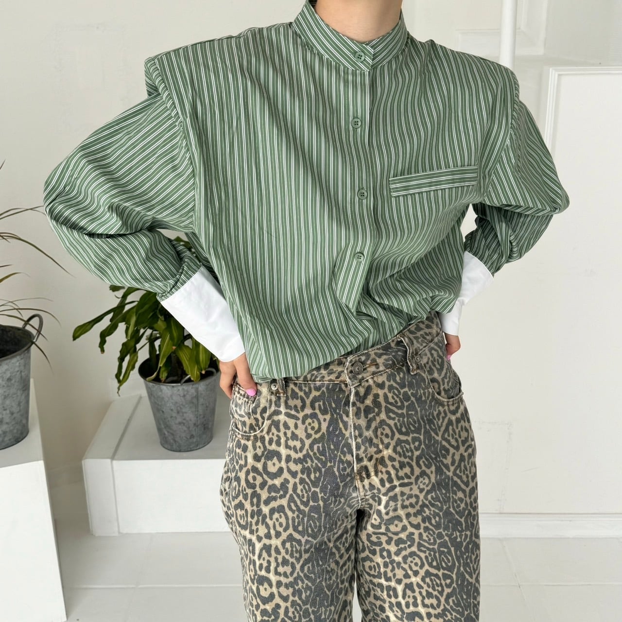 ボトルネックストライプレトロストライプシャツ_LN02695