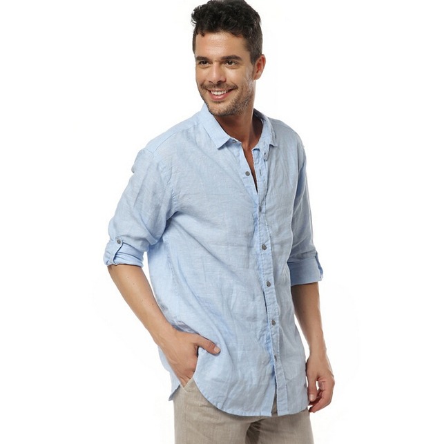 夏の男性ファッション 100% リネン シャツ カジュアル無地シャツ通気性長袖シャツ
