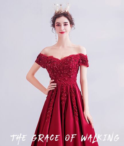 高品質！カラードレス ワインレッド トレーン 優雅なシルエット
