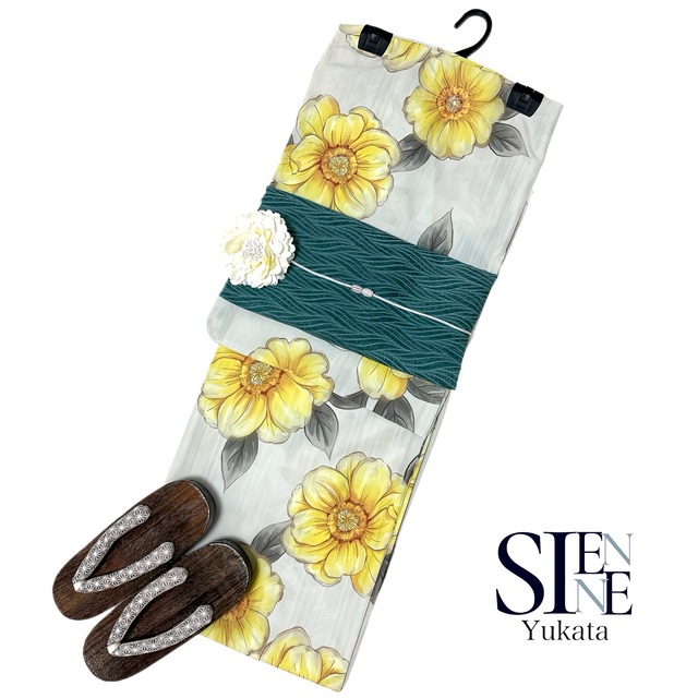 浴衣ジェンヌ 浴衣3点セット 生成り×黄色 兵児帯 緑 グリーン