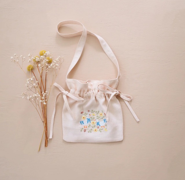 【即納】Linen Tote Bag Ivory-Geese in flower