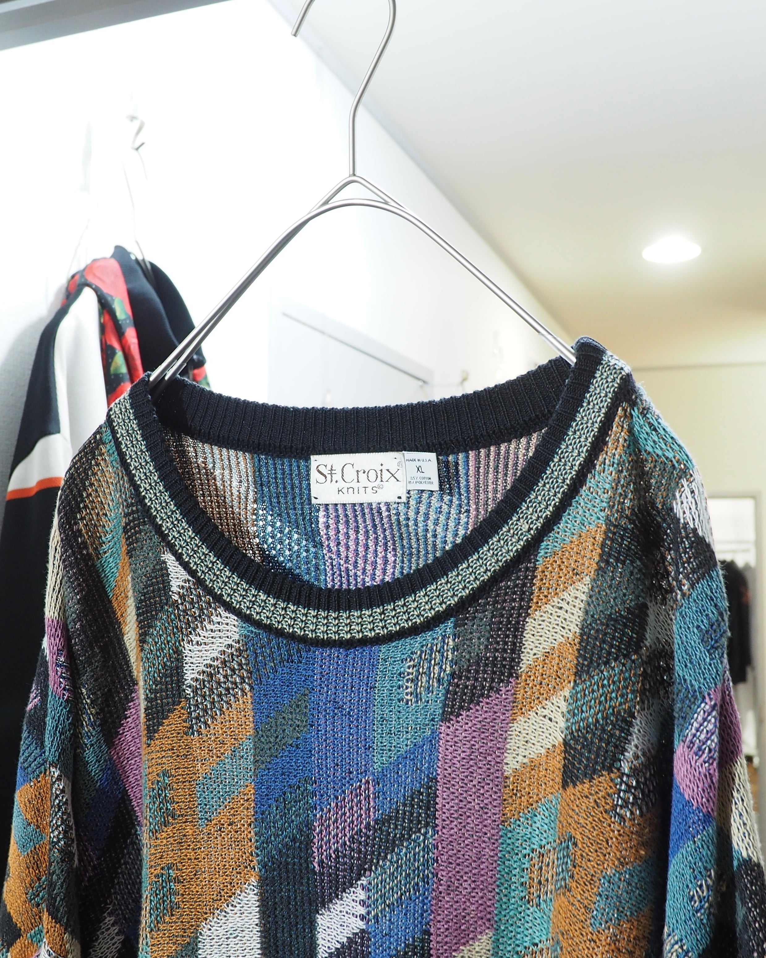 1990s " St.croix - Made in USA " Colorful pastel Block pattern vintage loose knit