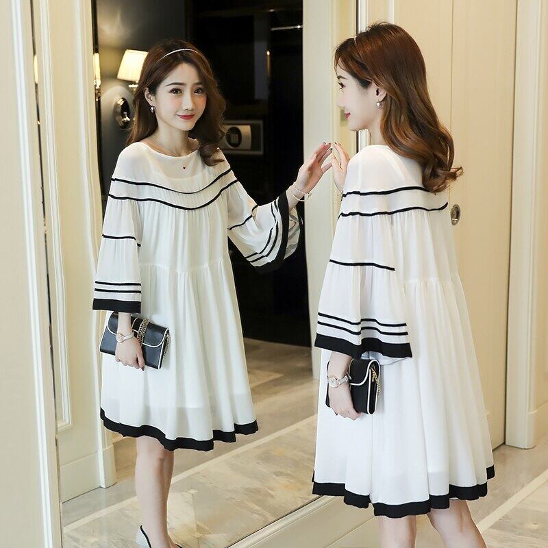 【新作】【送料無料】 2020年春新作ピュアカラーロータスリーフエッジ7分スリーブラウンドカラールーズトランペットスリーブ妊婦スカート スプリング 春物 AL expec386354929874