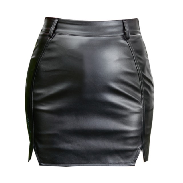 Double Slit Leather Skirt(Black)