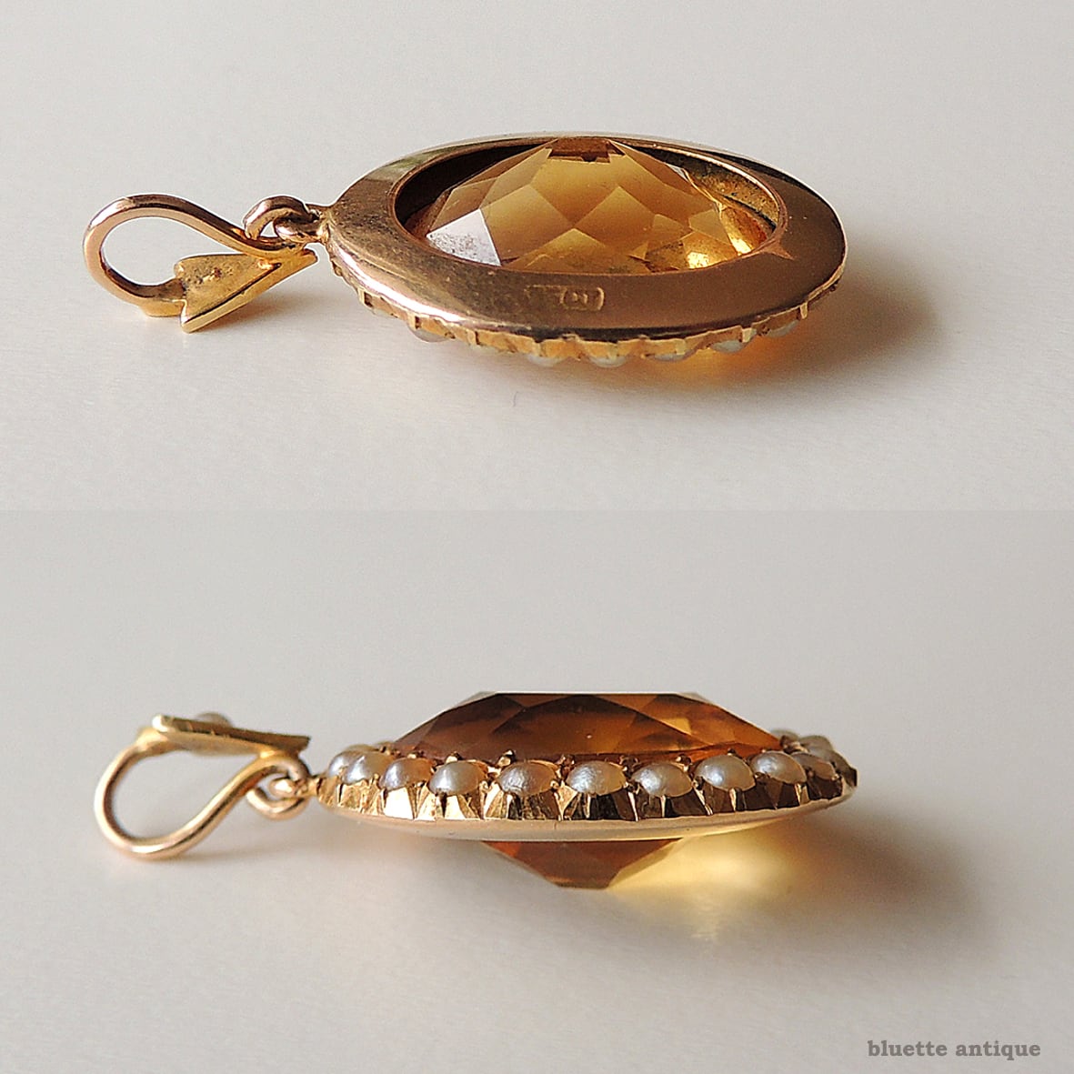 英国アンティークジュエリー 15ctゴールド 天然シトリン 真珠 オーバル