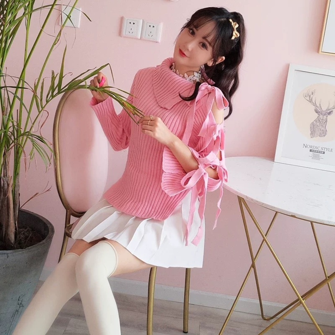 ☆ピンク セーター リボン ニット トップス ガーリー オフショルダー 
