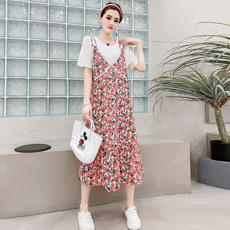 サマーフローラルTシャツ ドレス スリム 夏物 花柄 ミックスインファッション56810333592