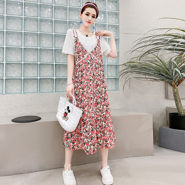 サマーフローラルTシャツ ドレス スリム 夏物 花柄 ミックスインファッション56810333592