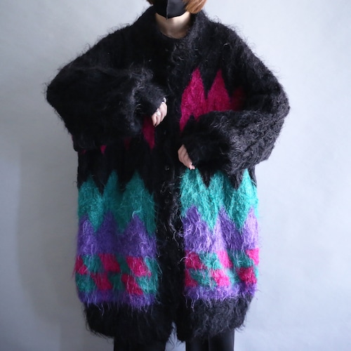 "mokemoke" psychedelic poison color pattern knit coat jacket