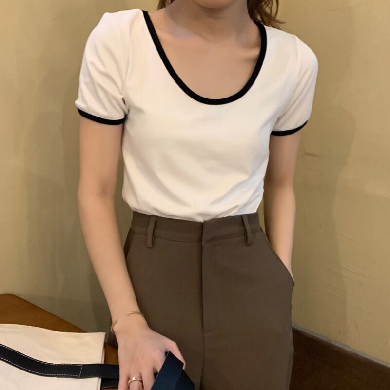 2020年夏の新しい女性バージョンのネットレッドワイルドカラーマッチングカジュアル半袖Tシャツトップホワイトボトミングシャツトレンド 1号婦人80582665963