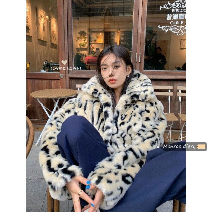 レオパードプリント柄ファーコート オータムウィンターベルベットルーズショートジャケット 秋物 冬物 モンロー22773934437