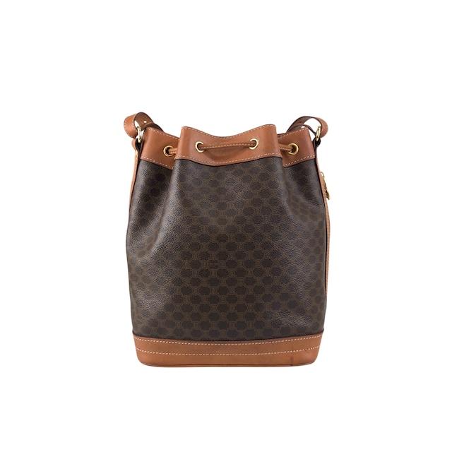 CELINE セリーヌ マカダム ショルダーバッグ ブラウン ブラゾン型押し PVC レザー 巾着 vintage ヴィンテージ オールド y4ma84