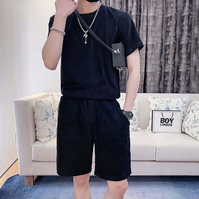 【予約販売】メンズ セットアップ 上下 半袖 ハーフパンツ ストリート Tシャツ ブラック ホワイト グリーン 部屋着 韓国 ジム スポーツウエア カジュアル 春 夏 大きいサイズ M/L/XL/2XL/3XL