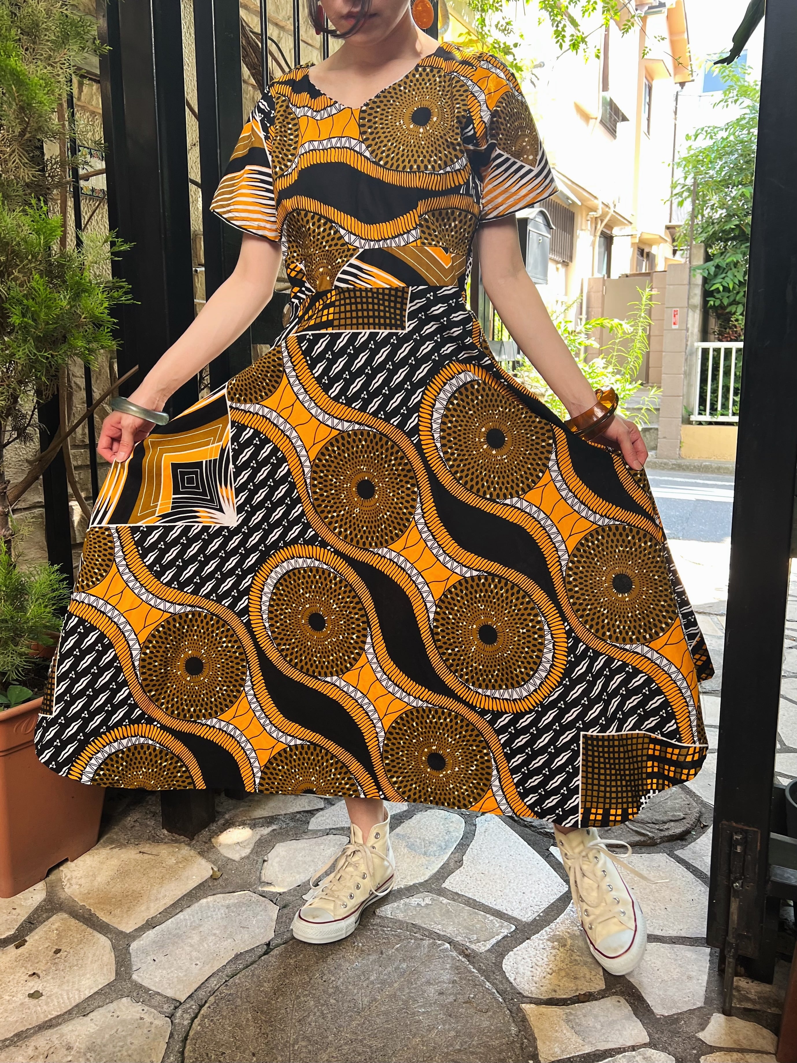 Vintage african batik modern cotton dress ( ヴィンテージ アフリカンバティック モダン柄 コットン ワンピース )