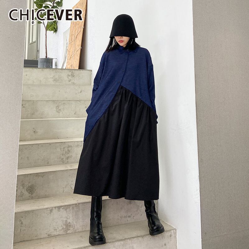 CHICEVERヴィンテージドレスレディースラペル長袖パッチワークヒットカラーオーバーサイズAラインミッドドレス2020秋 ロング オータム 秋物 ビンテージ 6base566233660560