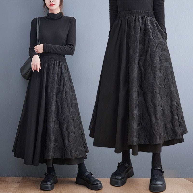 TEXTURED A-LINE ELASTIC WAIST PANEL MIDI SKIRT M-18857