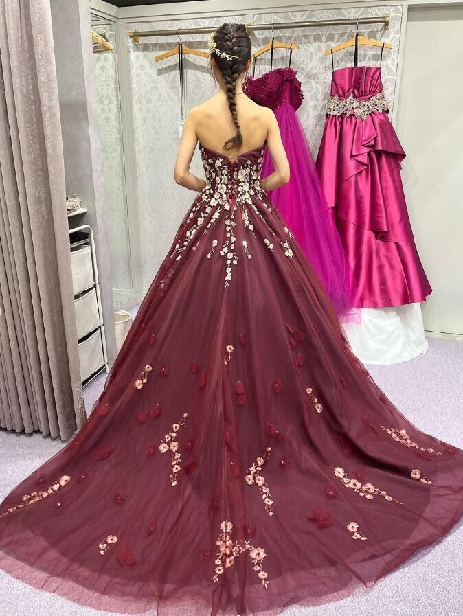 極上品高級フラワー3D刺繍 ストラップレスドレス（上品！ ボルドー色  