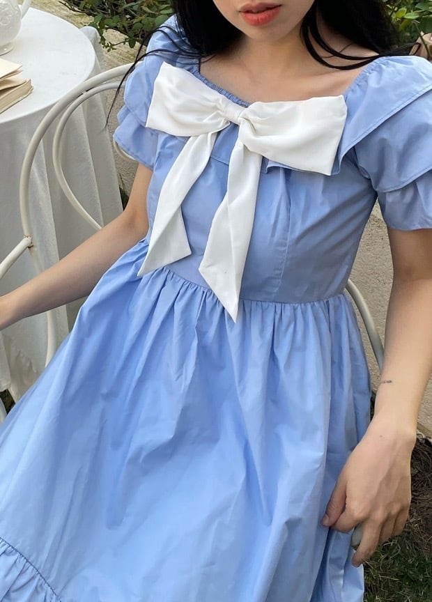 ワンピース マリン 水色 ワンピース リボン 上品 発表会 エレガント 赤