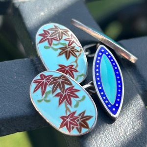 ヴィンテージ　輸出用七宝カフスボタン　スカイブルーに紅葉