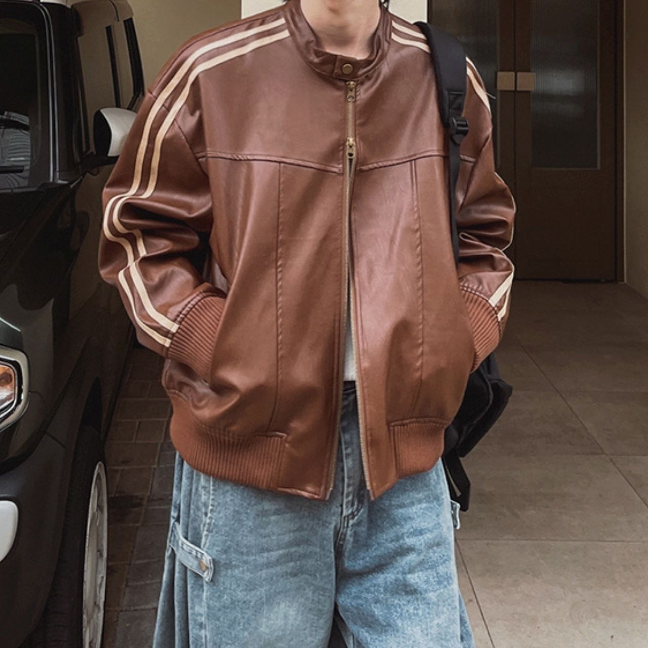 ラインフェイクレザーブルゾン　1137