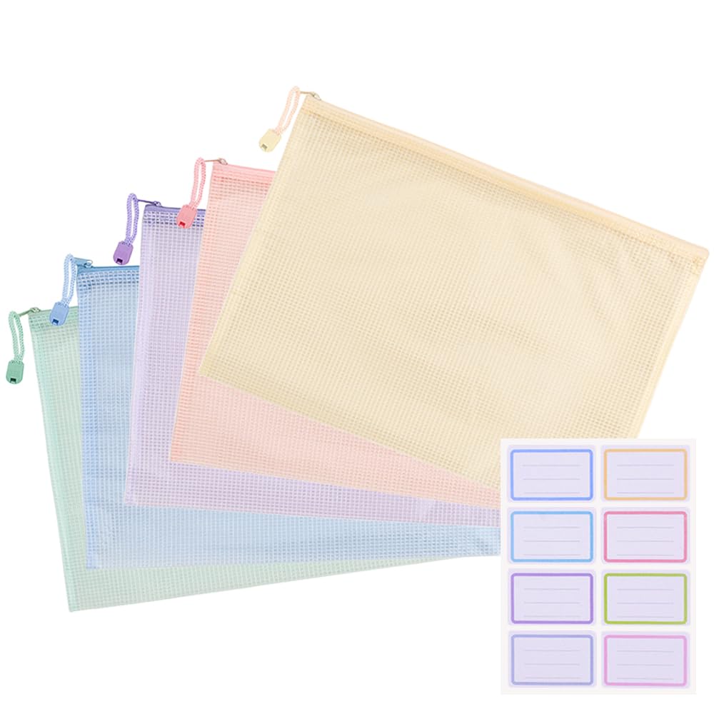 【特価処分】ジッパー式ファイル袋 5色セット A5 ジッパー付き袋 書類ケース 連絡袋 クリア 小学生 メッシュファイルバッグ 書類整理 小物分類 学習用 仕事用 (A5)
