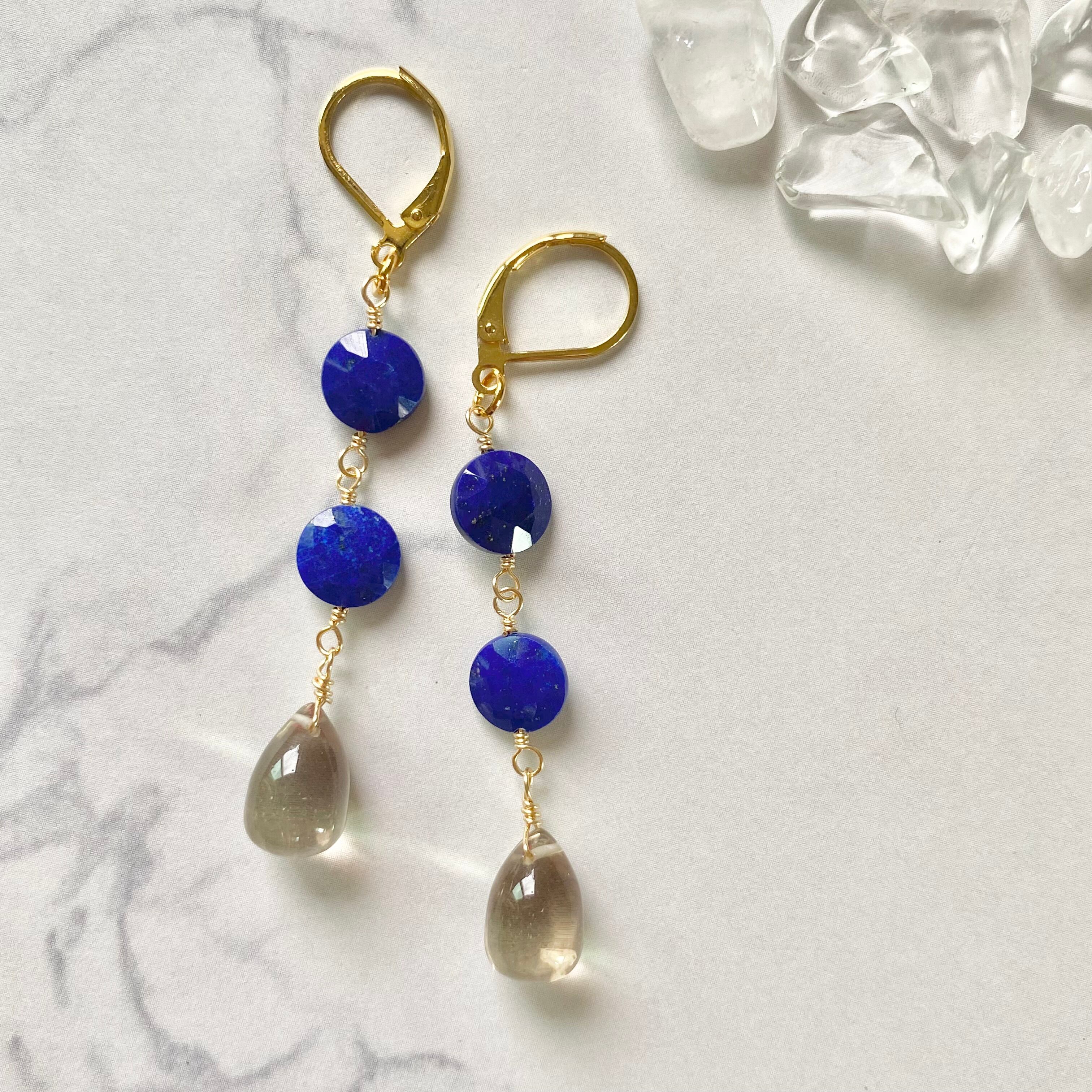 スモーキークォーツ ブルートルマリン カービング 天然石ピアス 14kgf スモーキークォーツ ブルートルマリン カービング 天然石ピアス 14kgf