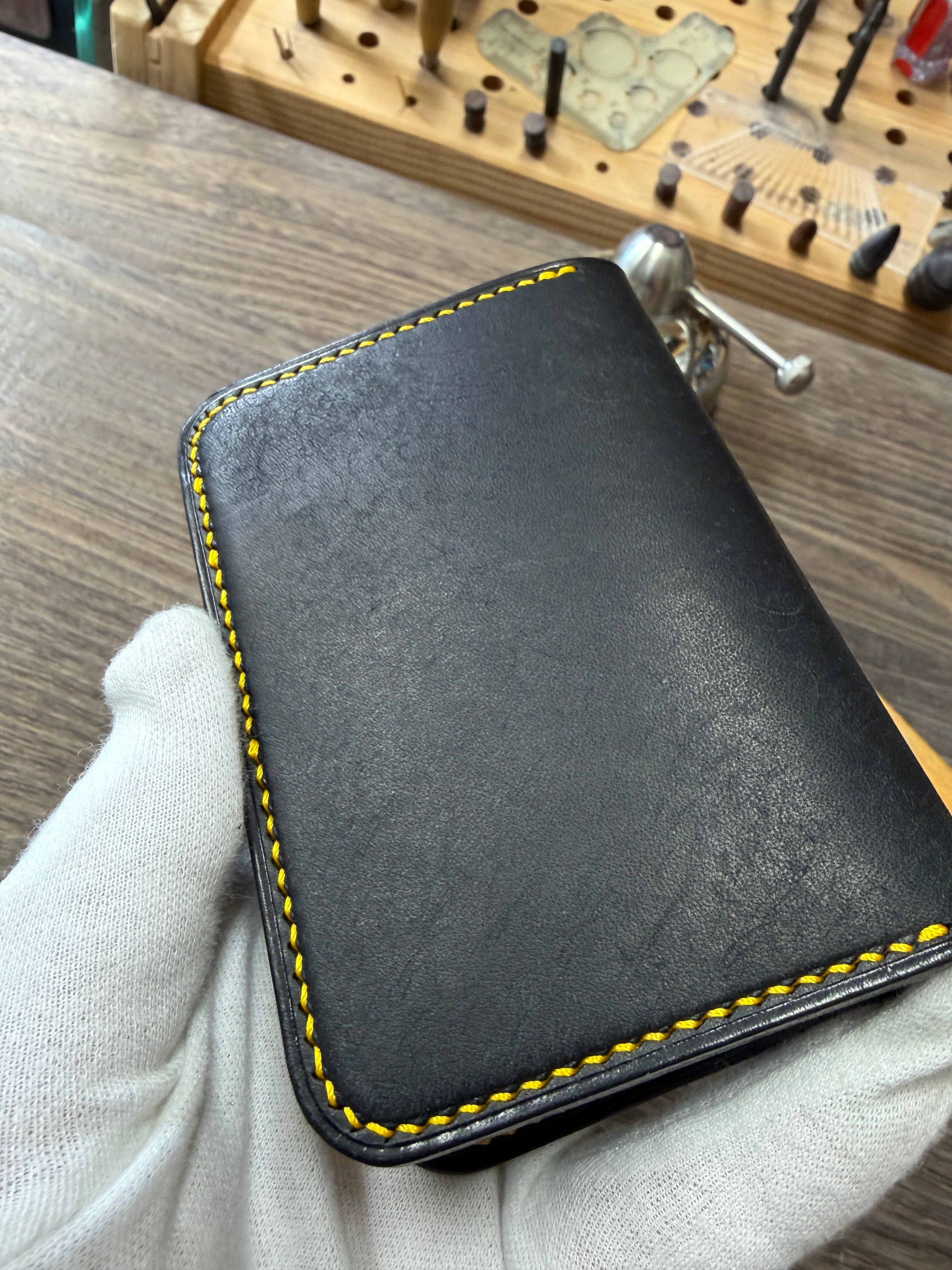 本革 手縫い名刺入れ バイカラー【FELMANO】カードケース black×yellow