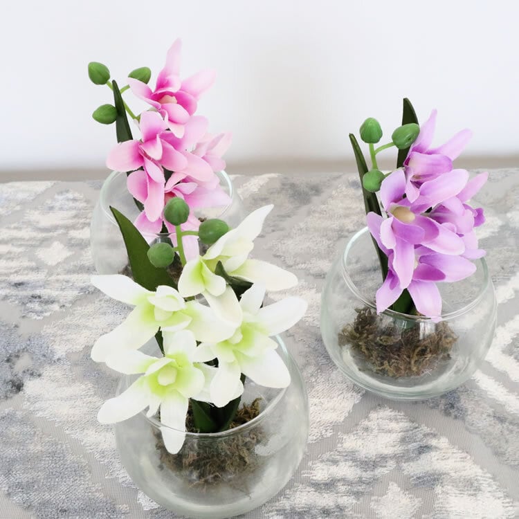 グラスアート3点セット|彩りを添える小さなガラス花瓶(造花付き)