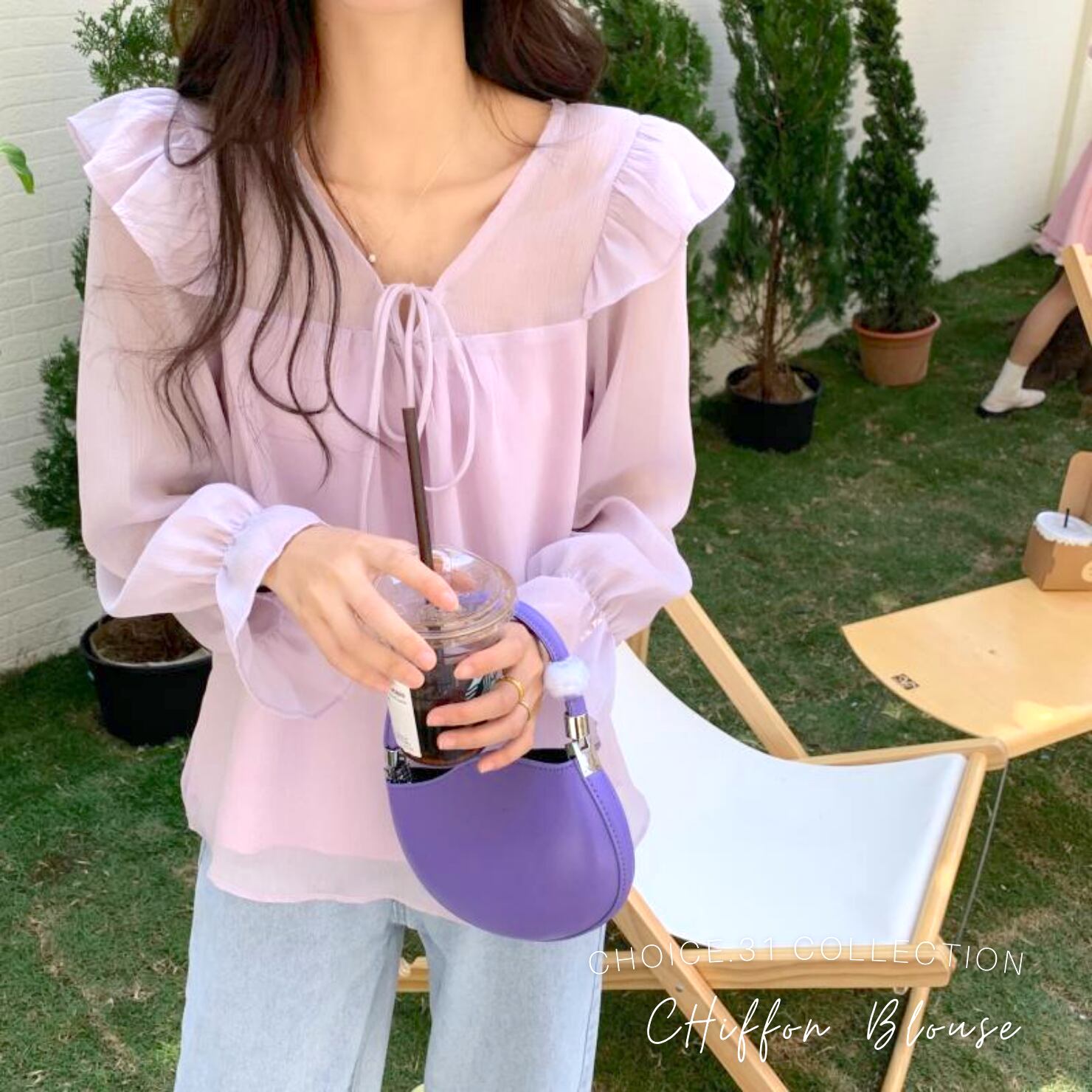 フリルデザイン ボウタイ シフォン ブラウス ピンク トップス 韓国ファッション Choice 31 レディースファッション通販