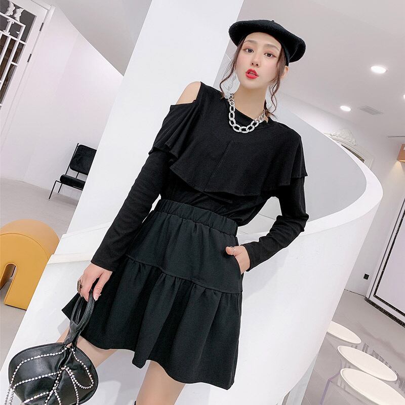 ファットシスター秋の服ラウンドネック長袖Tシャツ女性ストラップレストップスファットウェアプラスサイズ女性のスリムスカート ミックスインファッション8749089631