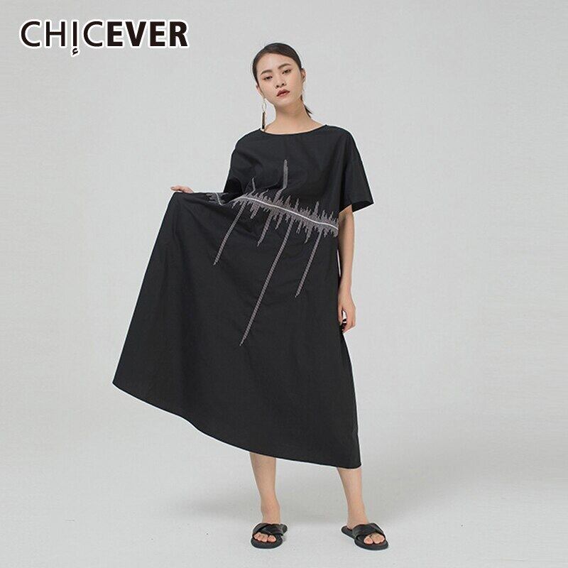 CHICEVERドレスレディースOネック半袖アシンメトリープリントヒットカラーオーバーサイズストレートドレス2021 ショート ハーフスリーブ 6base524162690579