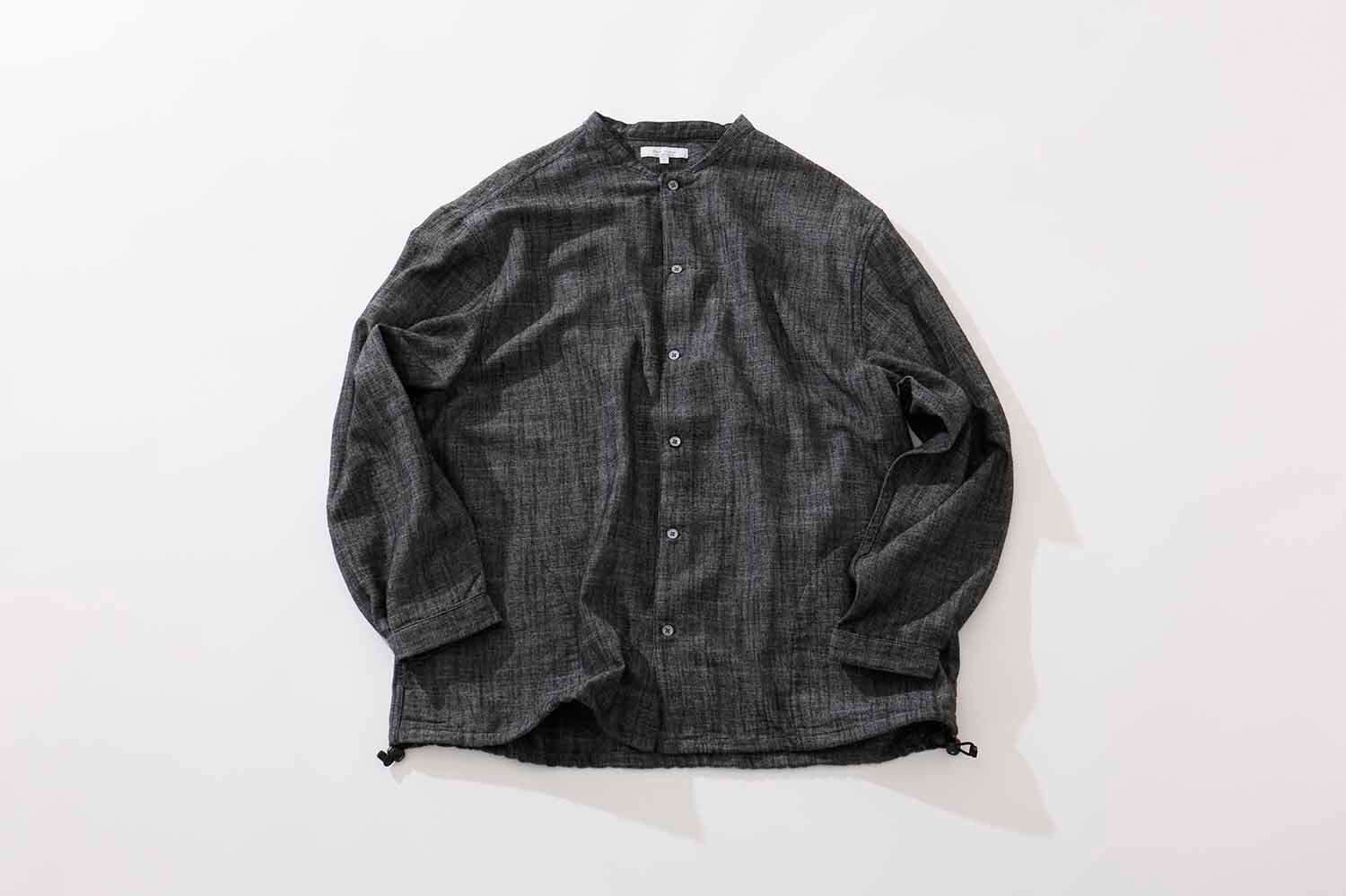 コットンリネンスラブシャンブレー - バンドカラーシャツカーディガン